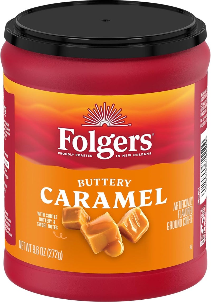 Folgers Buttery Caramel Flavored Ground Coffee, 9.6 Ounce Canister (Pack of 6) - Image 1